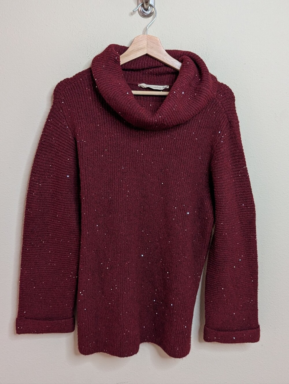 Soft Surroundings Burgundy Cowl Neck Sequin Sweater Large
